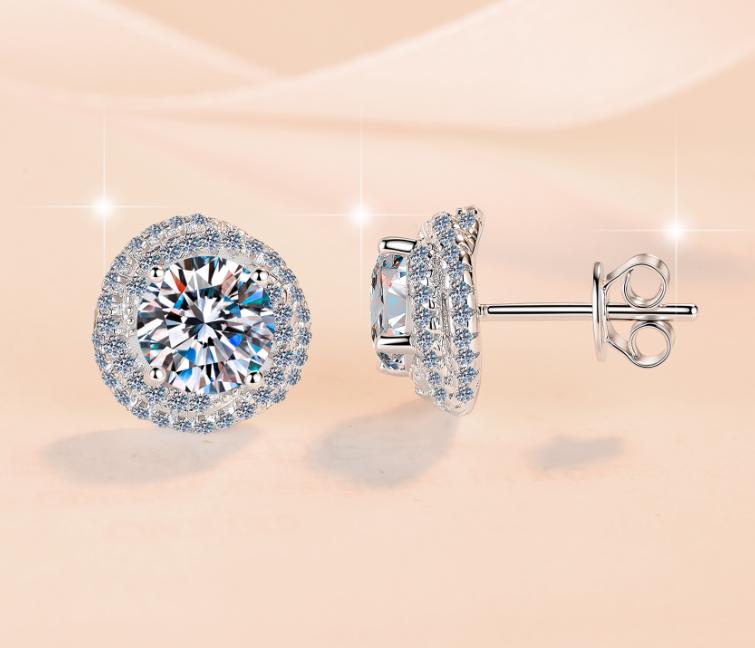 Round Solitaire Micro Pavé Stud Moissanite Earrings in 925 Silver
