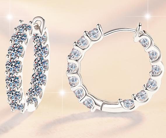 Round Stone Full Hoop Moissanite Earrings in 925 Sterling Silver