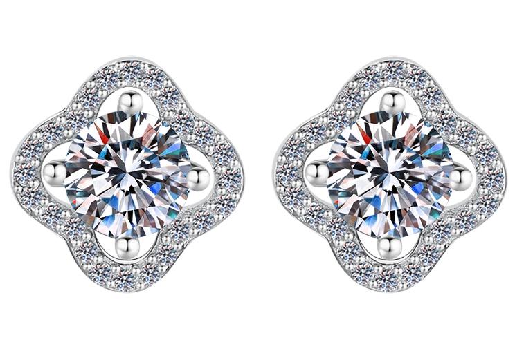 Four Petal Halo Stud Moissanite Earrings in 925 Sterling Silver