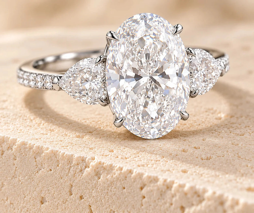 High Quality Oval Cut Lab Diamond Ring with Side Stones, 18K Gold, IGI Certified
