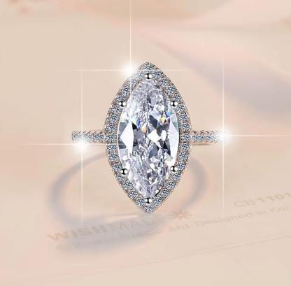 Marquise Cut Wide Pavé Halo Moissanite Ring in 925 Sterling Silver