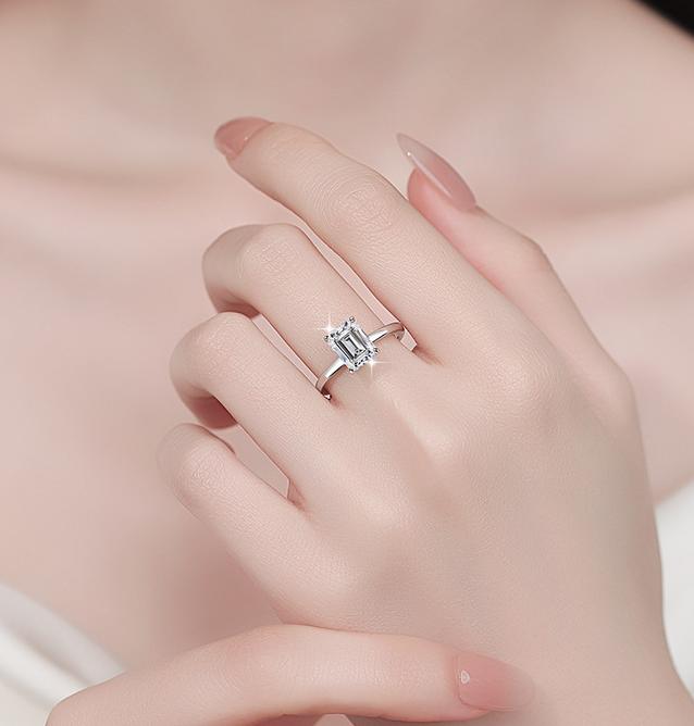 Emerald Cut Classic Solitaire Moissanite Ring in 925 Sterling Silver