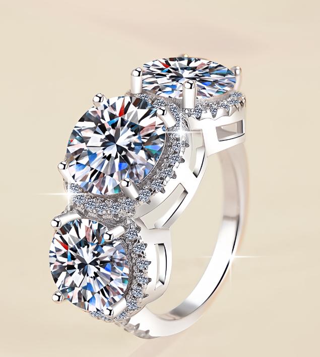 Round Three Stone Halo Moissanite Ring in 925 Sterling Silver
