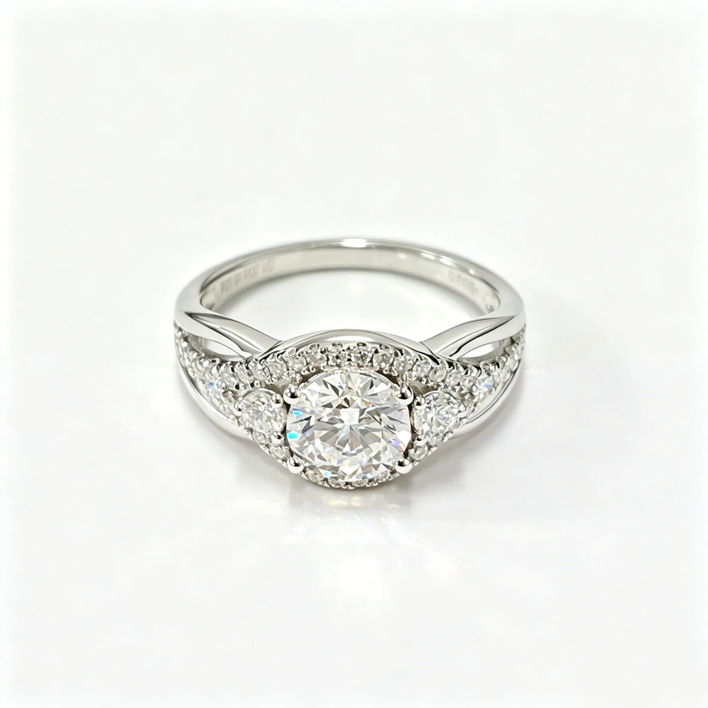 Round Lab Diamond Ring with Side Stones, 925 Silver, Certified