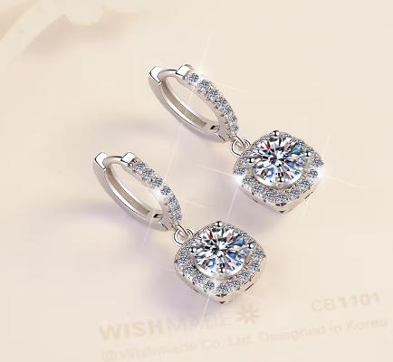925 Sterling Silver Moissanite Square Halo Hoop Drop Earrings