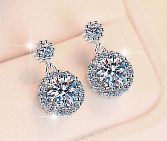 Round Halo Double Drop Moissanite Earrings in 925 Sterling Silver