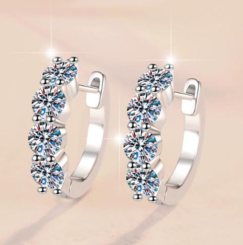 Four Stone Hinged Hoop Moissanite Earrings in 925 Sterling Silver
