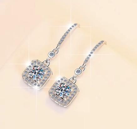 925 Sterling Silver Moissanite Square Halo Leverback Drop Earrings