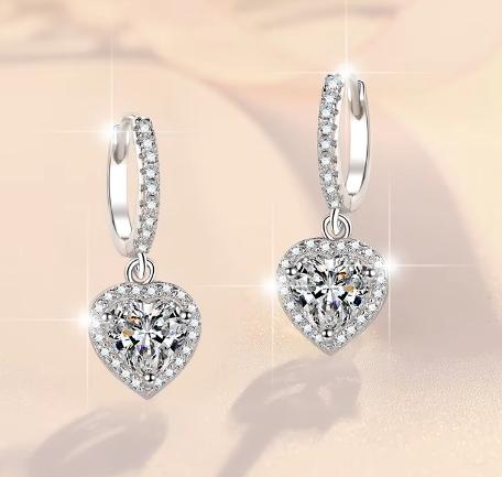 925 Sterling Silver Moissanite Heart Solitaire Hoop Drop Earrings