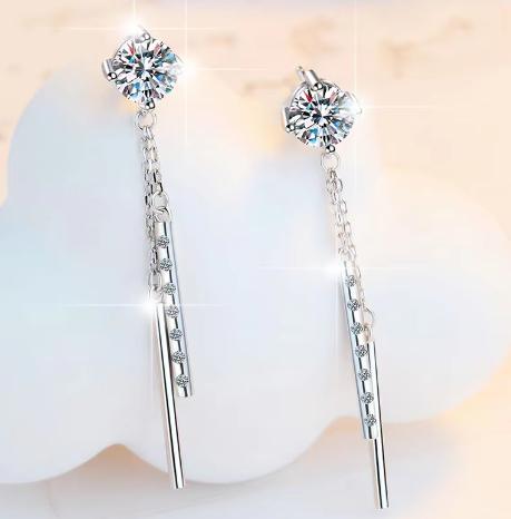 925 Sterling Silver Moissanite Chain Solitaire Drop Earrings