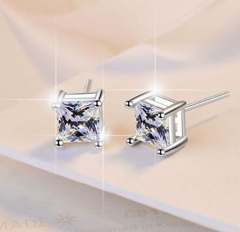 925 Sterling Silver Moissanite Square Solitaire Stud Earrings