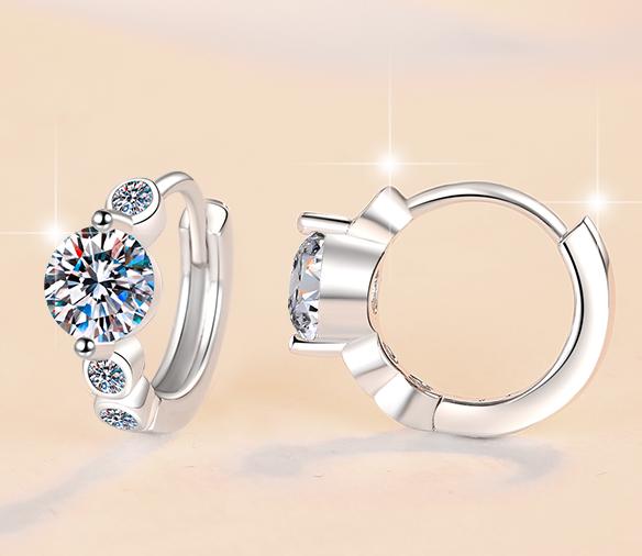 Round Solitaire Curved Hoop Moissanite Earrings in 925 Sterling Silver