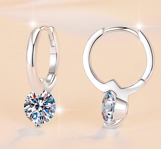 Round Solitaire Charm Hoop Moissanite Earrings in 925 Sterling Silver