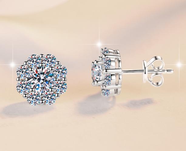 Round Flower Cluster Stud Moissanite Earrings in 925 Sterling Silver