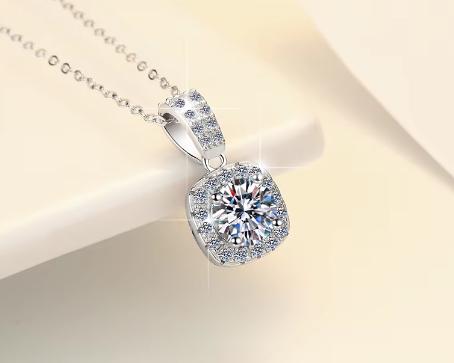 925 Sterling Silver Moissanite Cushion Halo with Pavé Bail Pendant