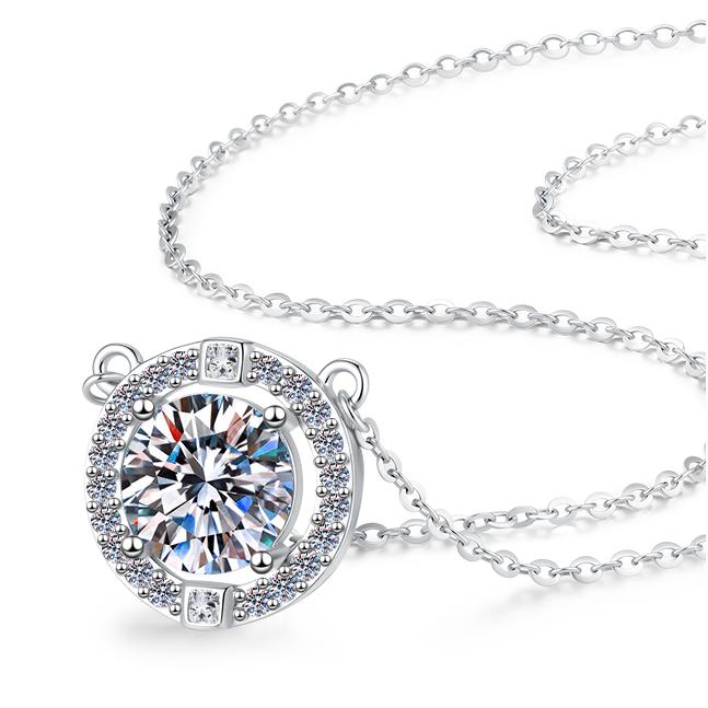 925 Sterling Silver Moissanite Round Crown Halo Pendant