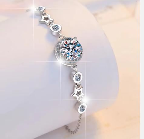 925 Sterling Silver Moissanite Round Halo Beaded Chain Bracelet