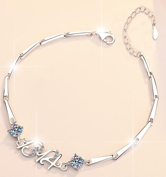 925 Sterling Silver Moissanite Number and Flower Station Bracelet
