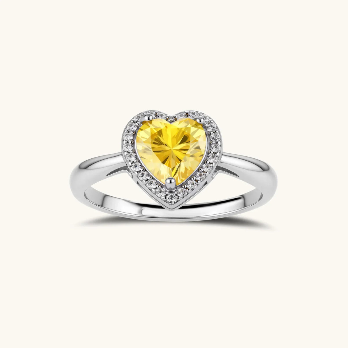 Heart moissanite halo ring in sterling silver, an adjustable one-size design