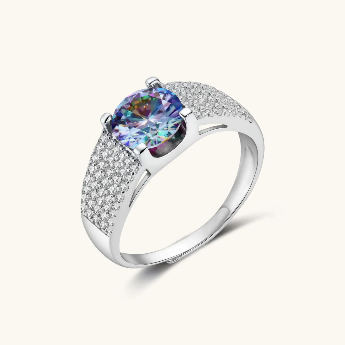 Two-carat rainbow moissanite statement ring in sterling silver