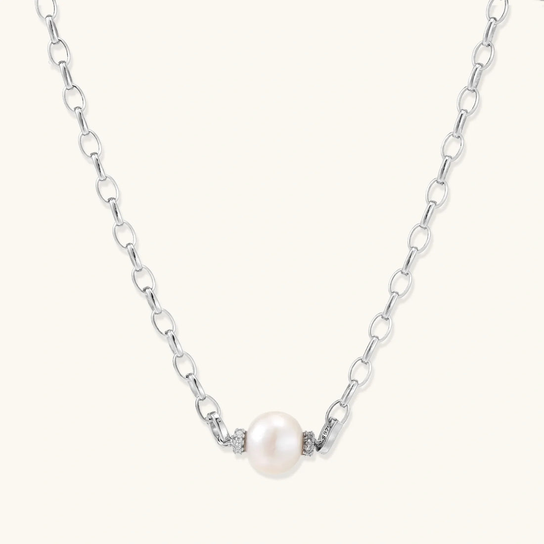 Rhodium-plated silver chain necklace with pearl