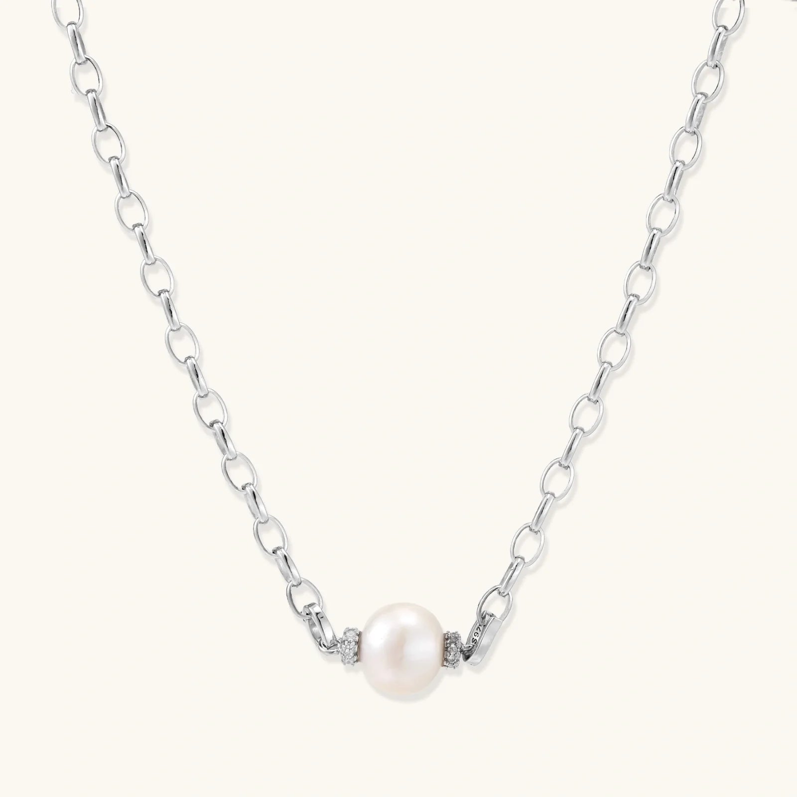 Rhodium-plated silver chain necklace with pearl