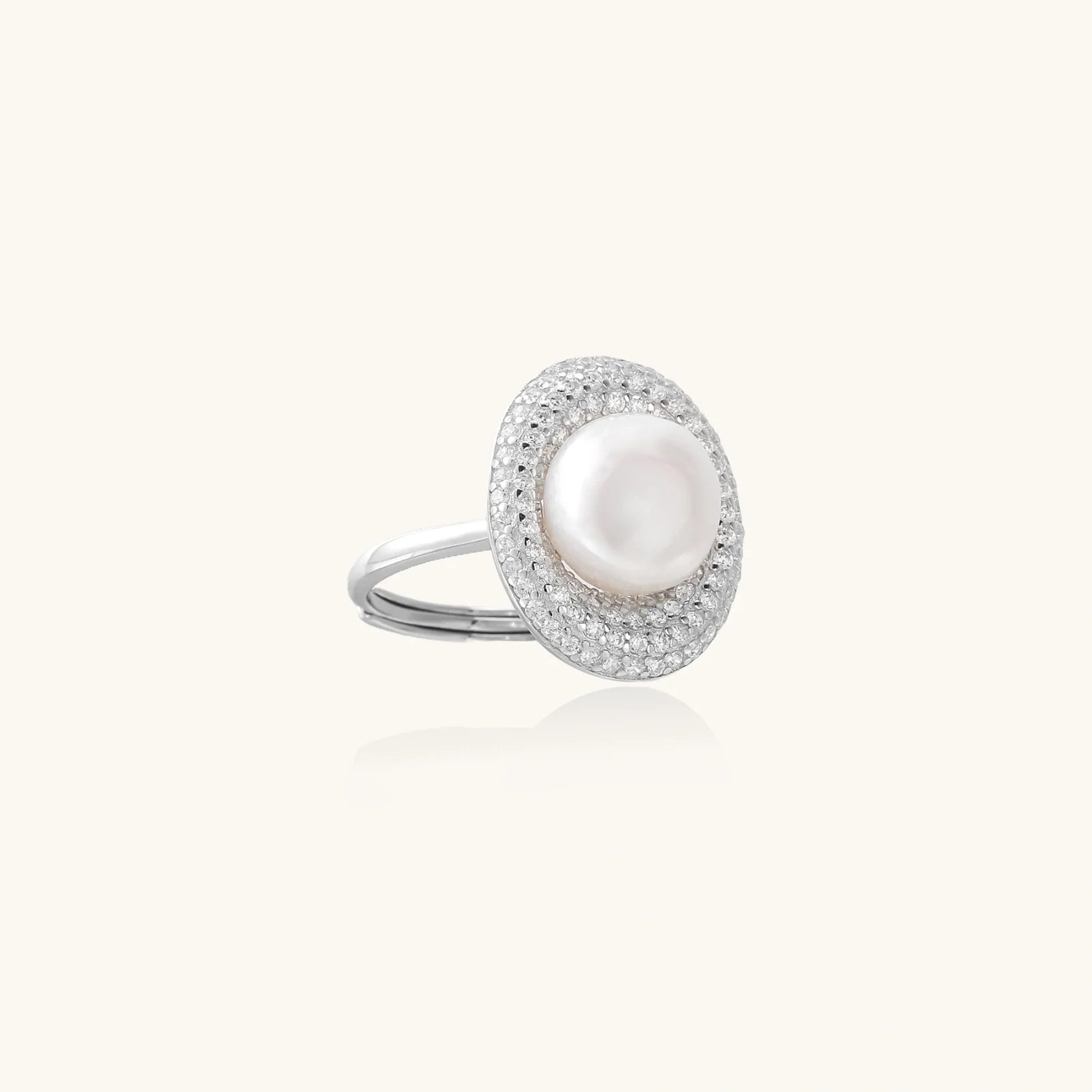 Pearl ring with crystal halo setting