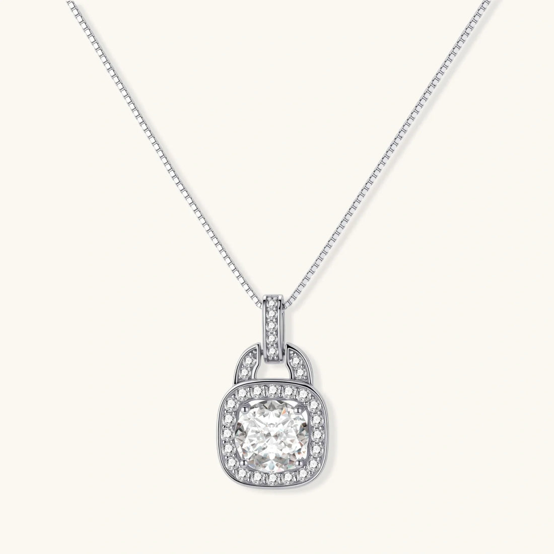 Sterling silver cushion halo pendant necklace with a 2ct moissanite centre stone on a delicate box chain.