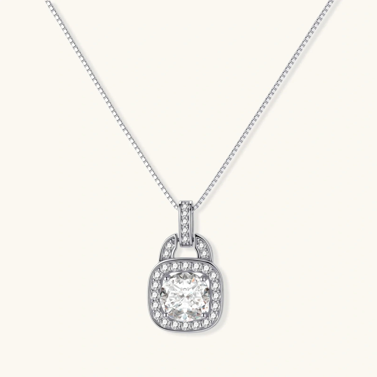 Sterling silver cushion halo pendant necklace with a 2ct moissanite centre stone on a delicate box chain.