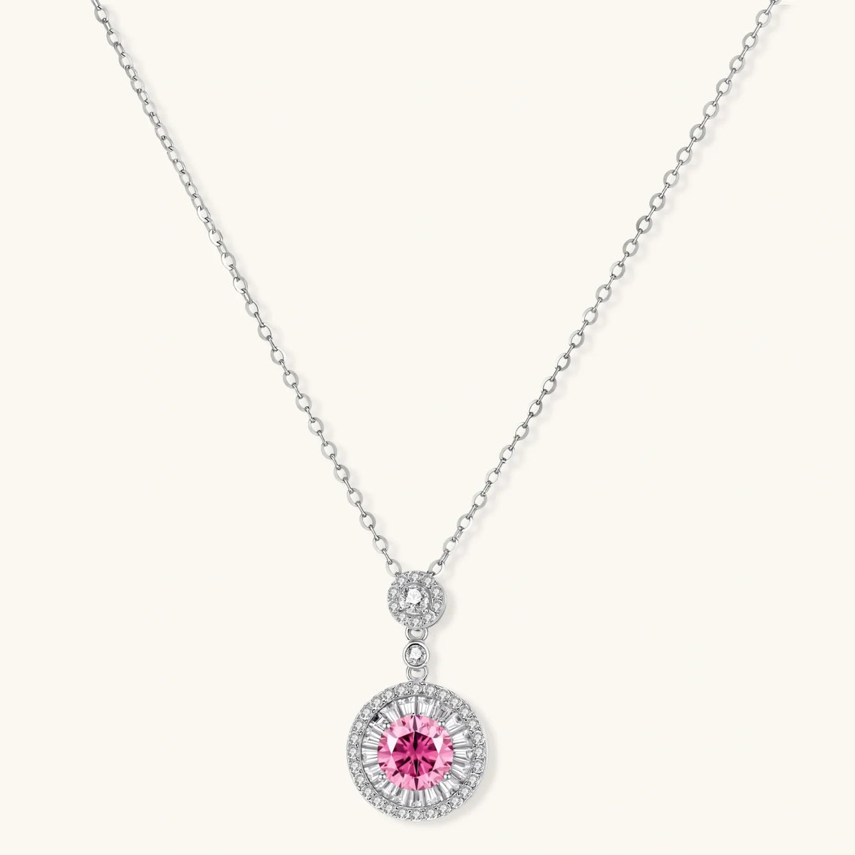 pink moissanite halo pendant necklace in sterling silver