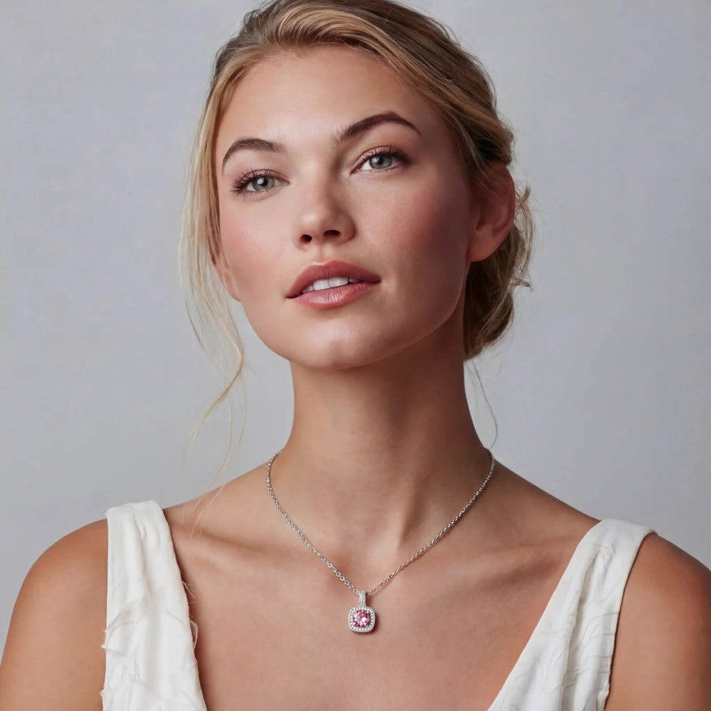 Pink moissanite pendant necklace in sterling silver by Micoryan Jewellery.