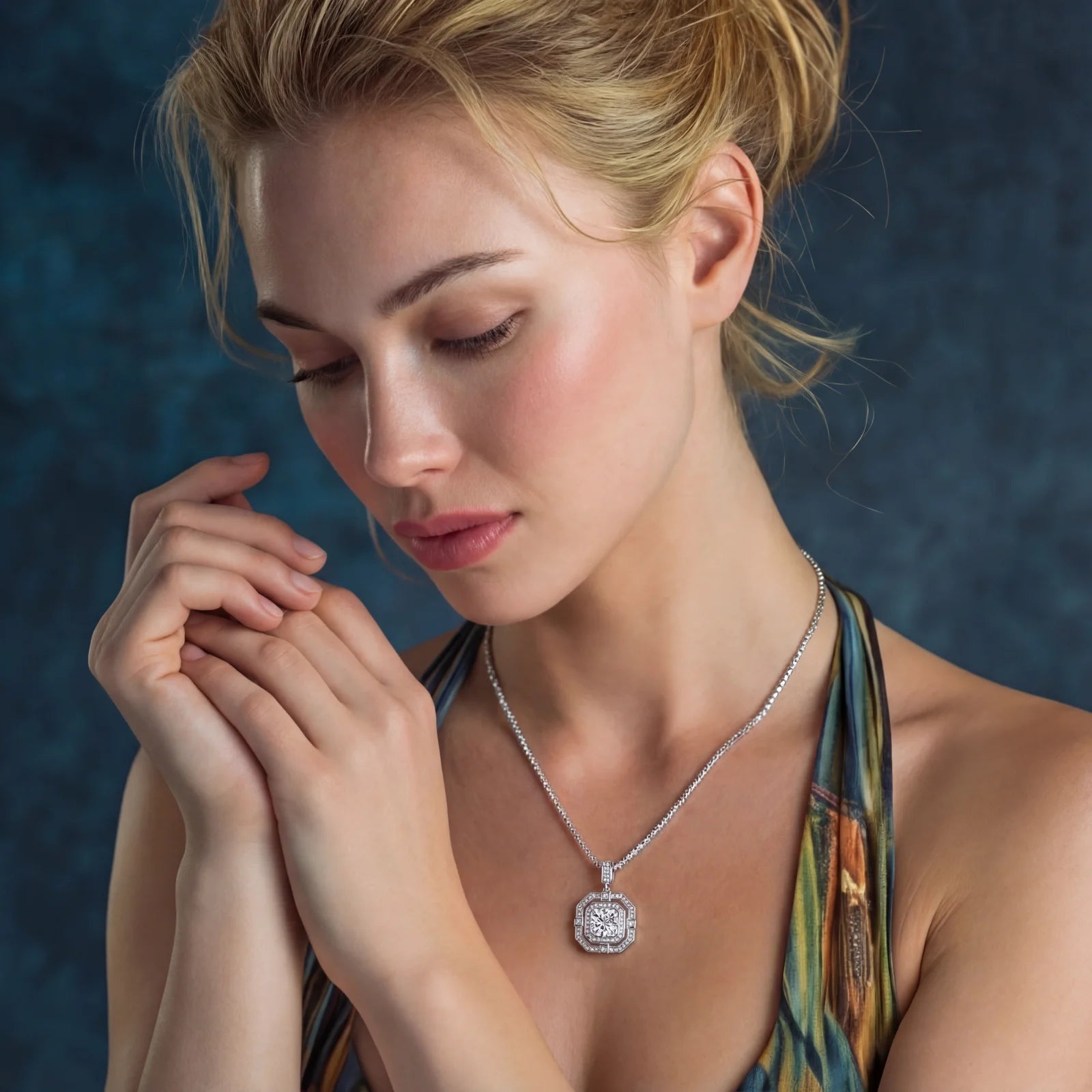 Geometric halo moissanite necklace in sterling silver by Micoryan Jewellery.