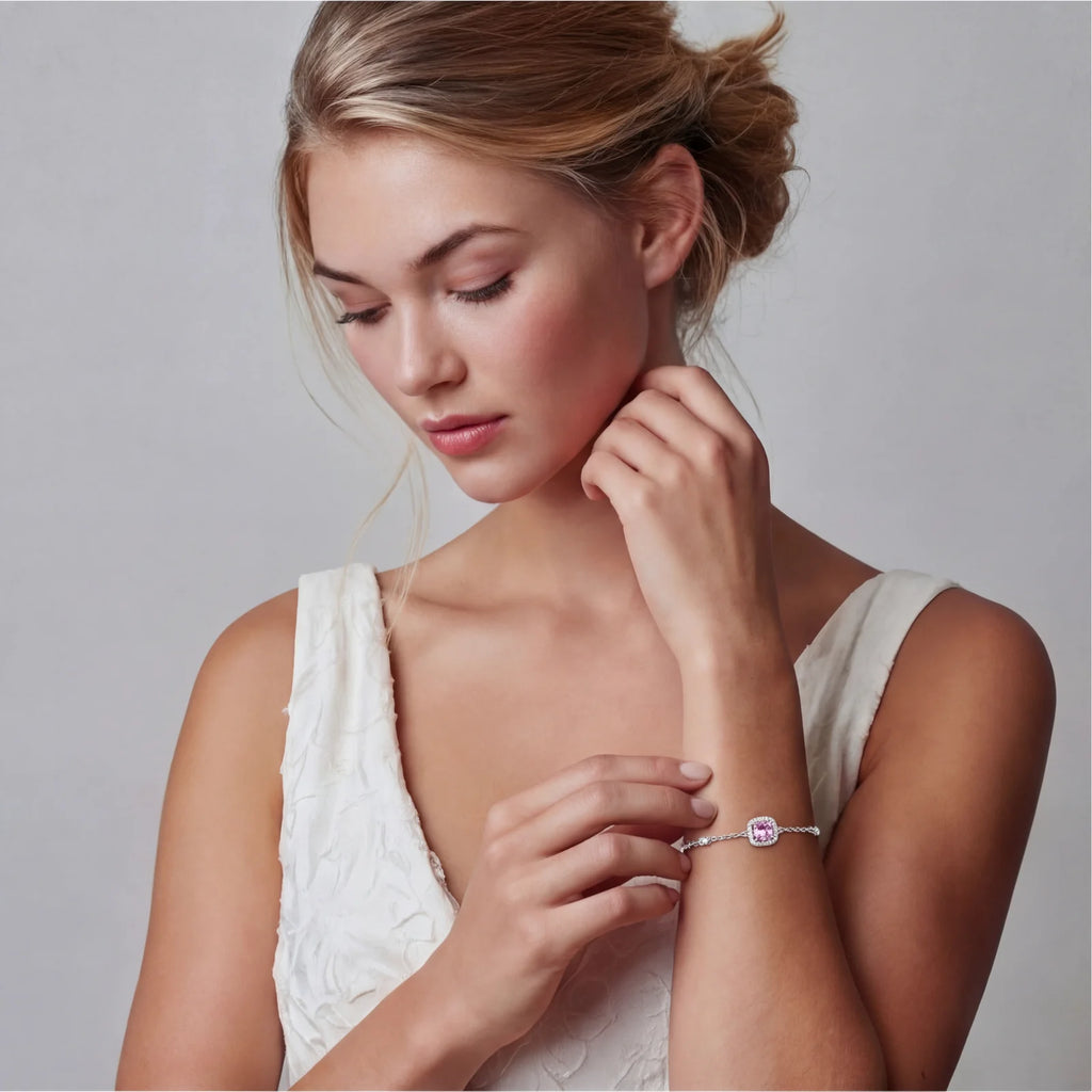 Pink moissanite bracelet in sterling silver by Micoryan Jewellery.