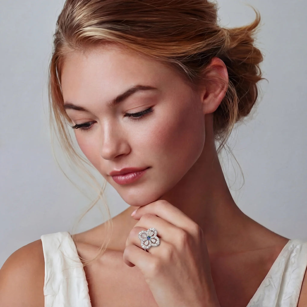Sterling silver moissanite flower ring by Micoryan Jewellery.