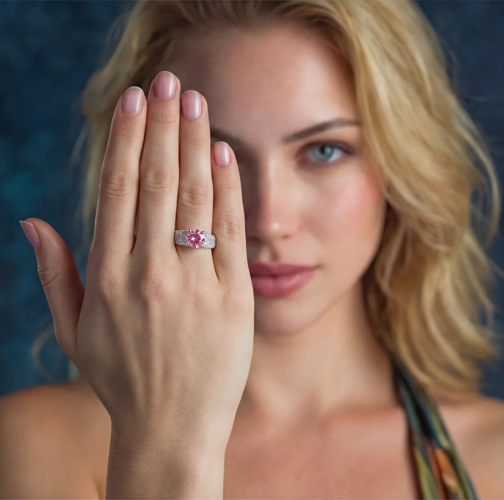 Pink moissanite statement ring in sterling silver by Micoryan Jewellery.