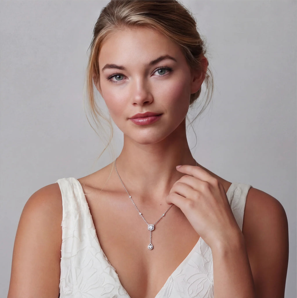 Cushion-cut moissanite drop necklace in sterling silver by Micoryan Jewellery.