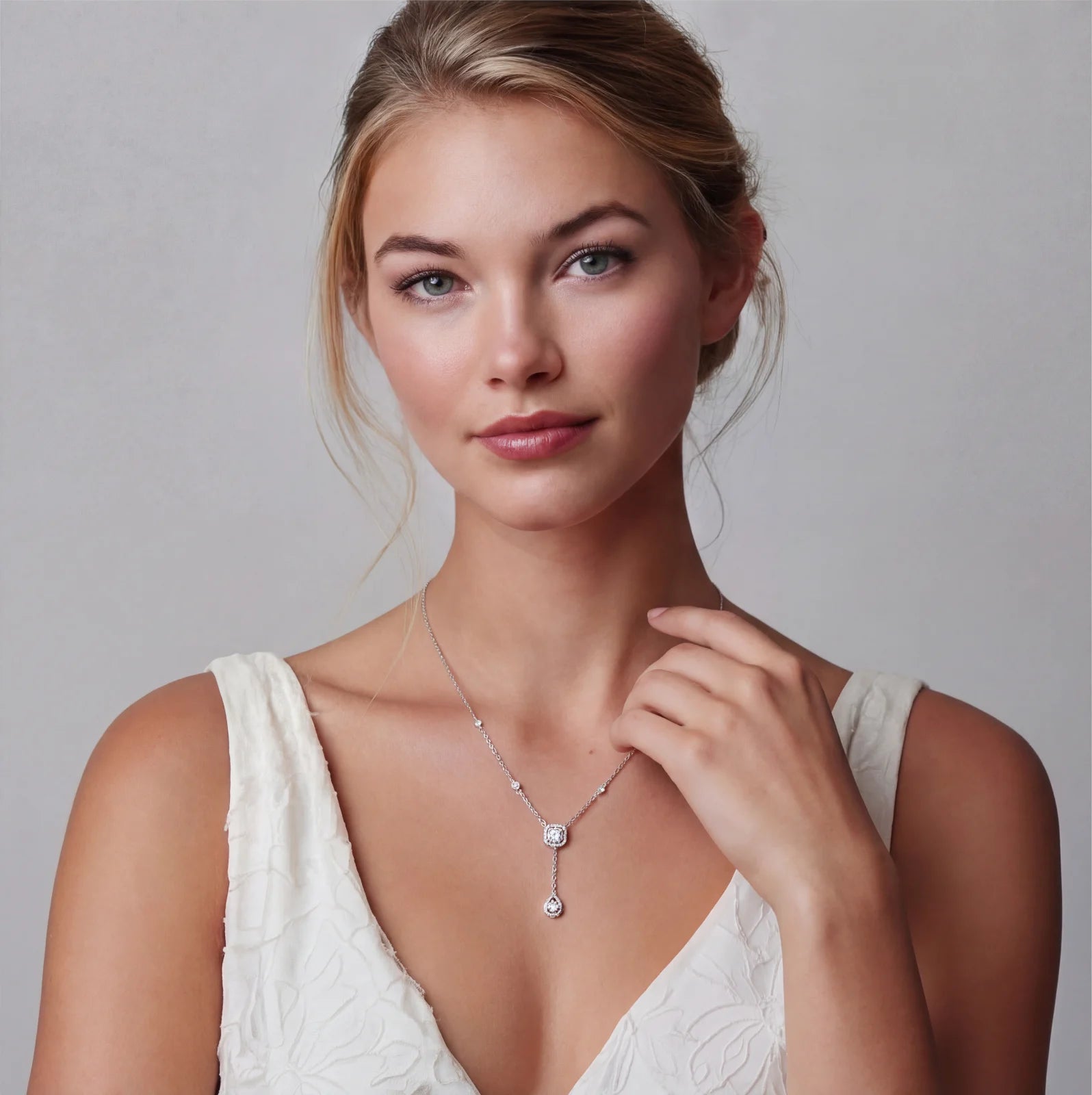Cushion-cut moissanite drop necklace in sterling silver by Micoryan Jewellery.