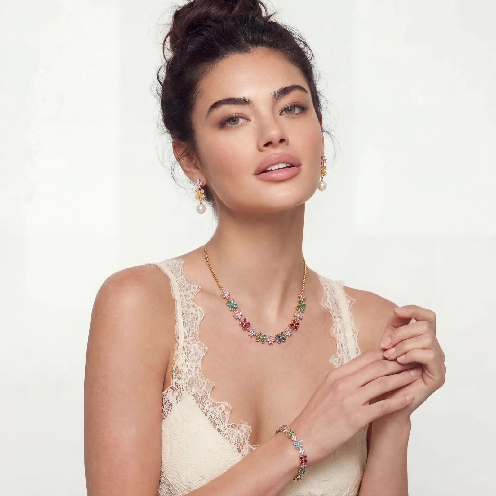 Garden Bloom Jewellery Set | 14K Gold Plated Flower Necklace, Earrings & Bangle