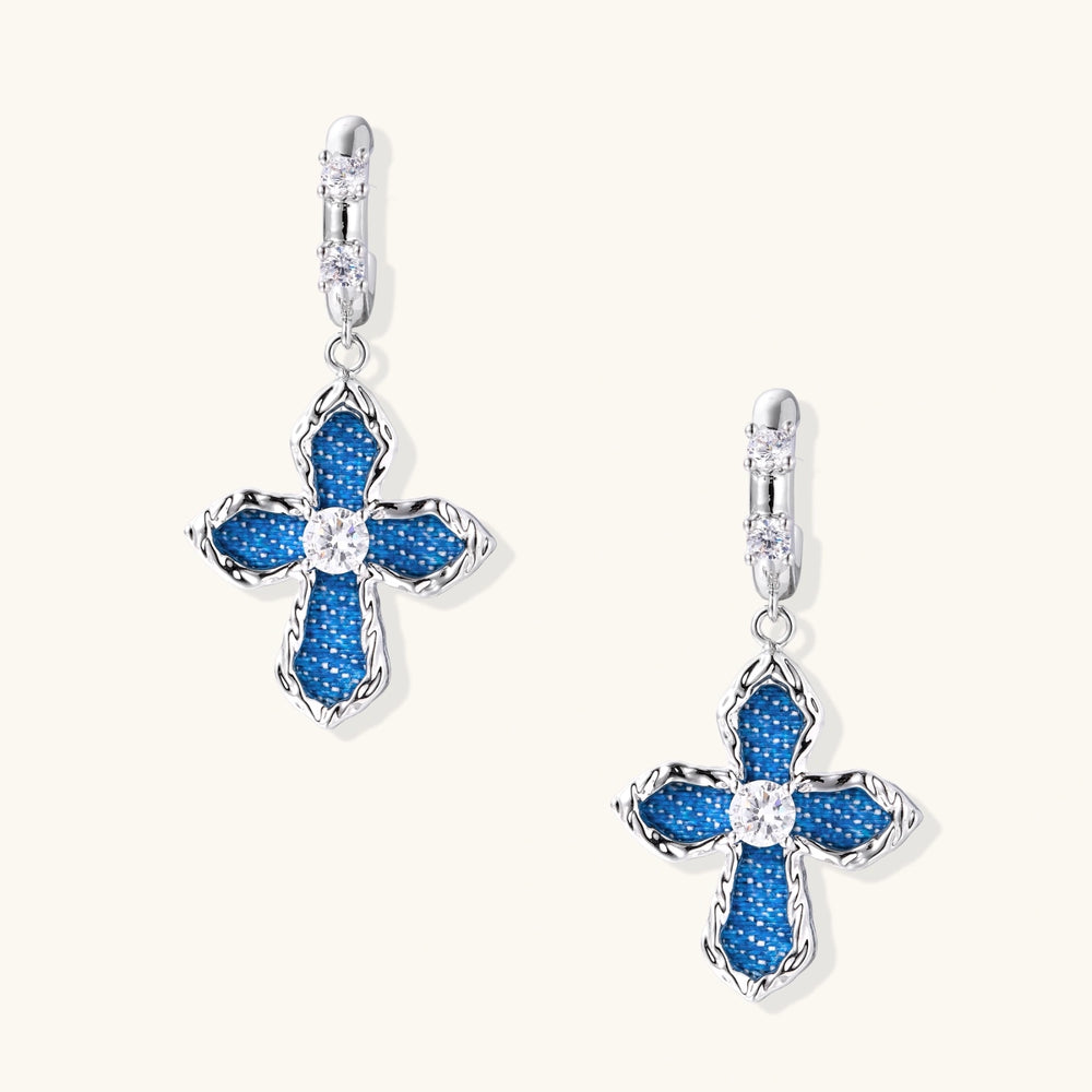 Denim Cross Drop Earrings | White Gold Plated | Zirconia