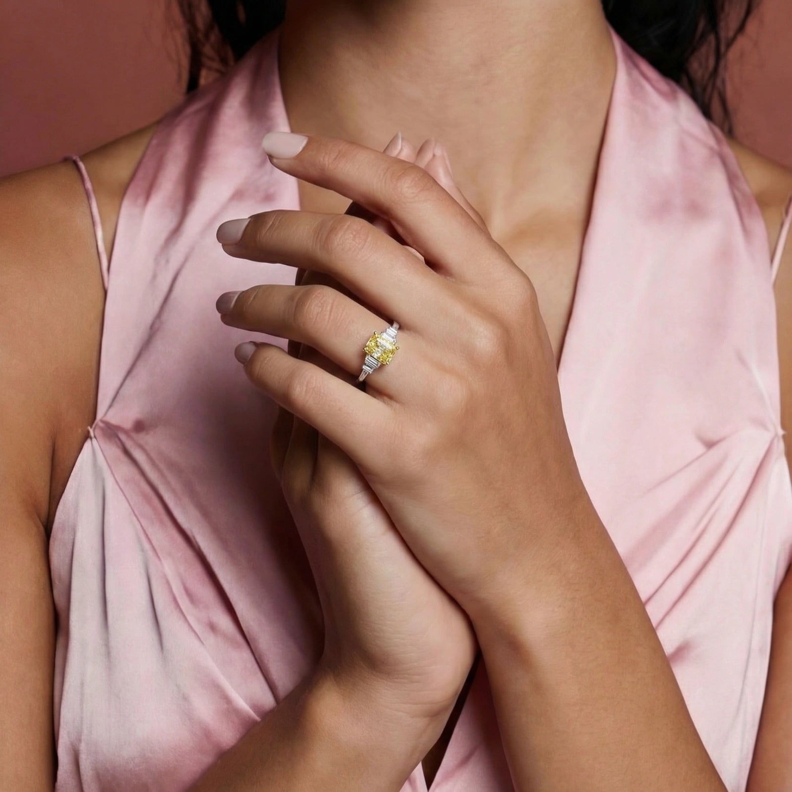 Emerald-cut yellow moissanite ring in sterling silver by Micoryan Jewellery.