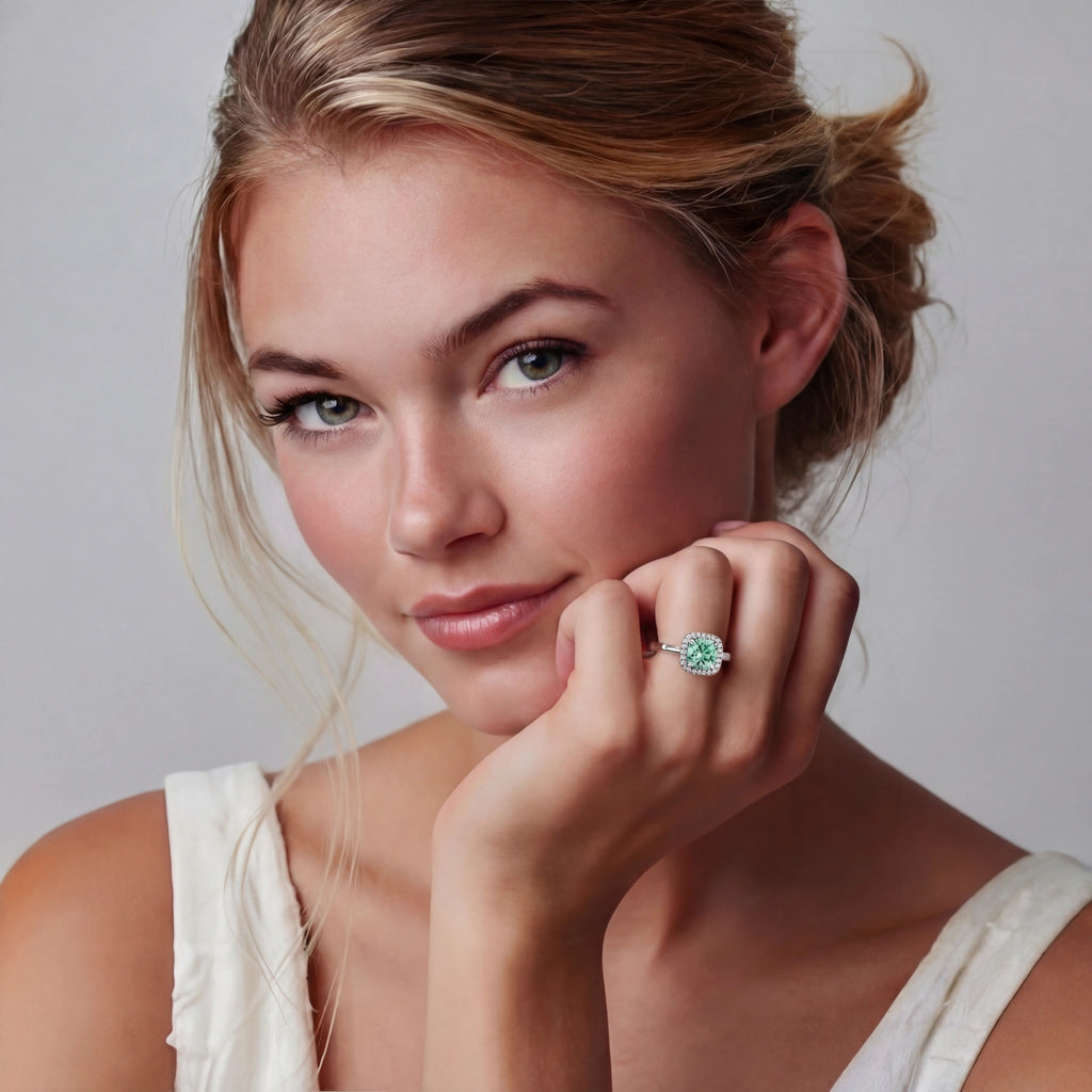 Green moissanite halo ring in sterling silver by Micoryan Jewellery.