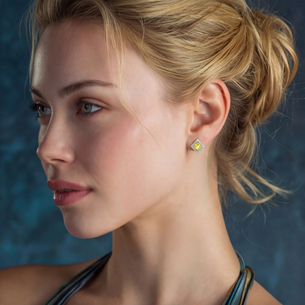 Yellow moissanite halo stud earrings in sterling silver by Micoryan Jewellery.