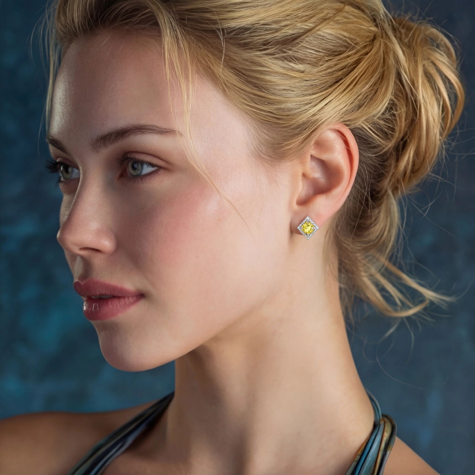 Yellow moissanite halo stud earrings in sterling silver by Micoryan Jewellery.