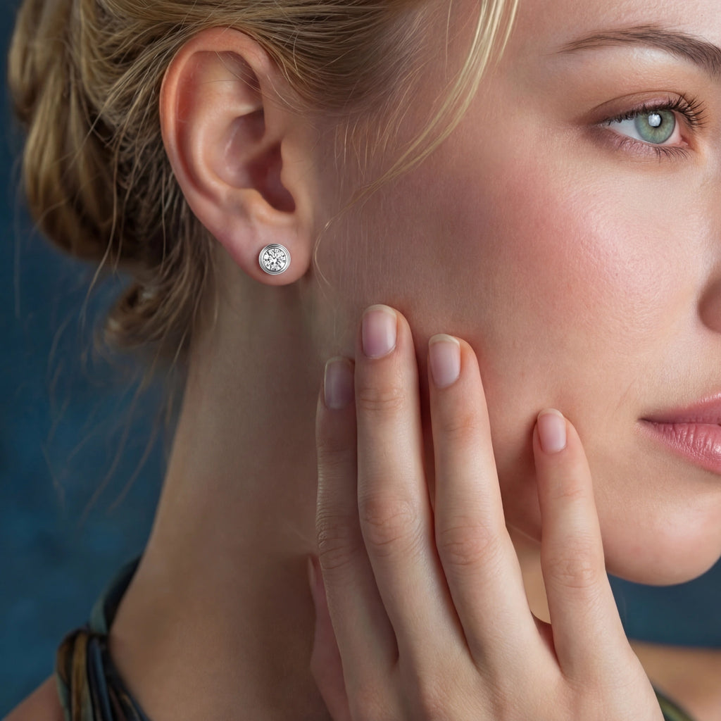Orbit-style moissanite stud earrings in sterling silver by Micoryan Jewellery.