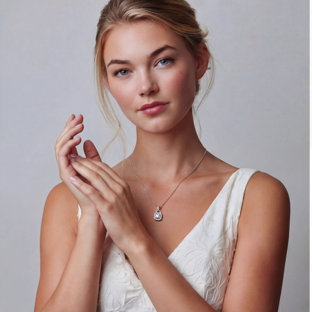 Cushion halo moissanite pendant necklace in sterling silver by Micoryan Jewellery.