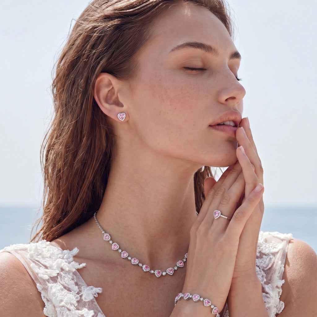 Romance Heart Jewellery Set | Pink Zirconia | White Gold Plated | 5 Pieces