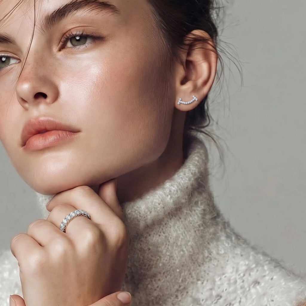 Sterling silver moissanite ear climber earrings by Micoryan Jewellery.