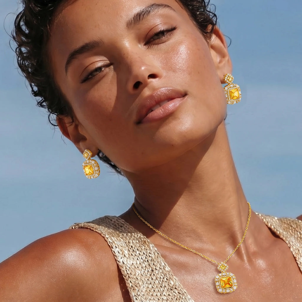 Golden Square Luxe Jewellery Set | 14K Gold Plated | Zirconia