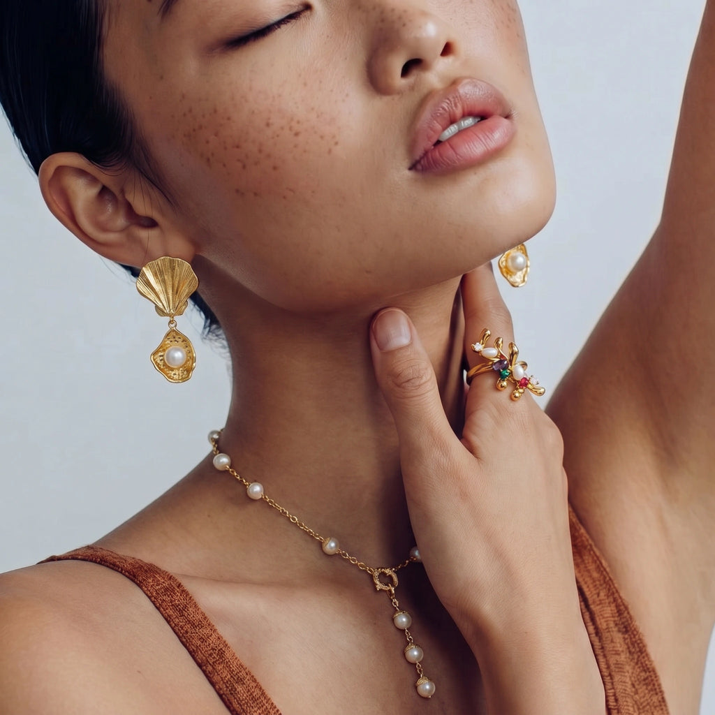 Ocean Shell Pearl Drop Earrings | Freshwater Pearl | 18K Gold Plated