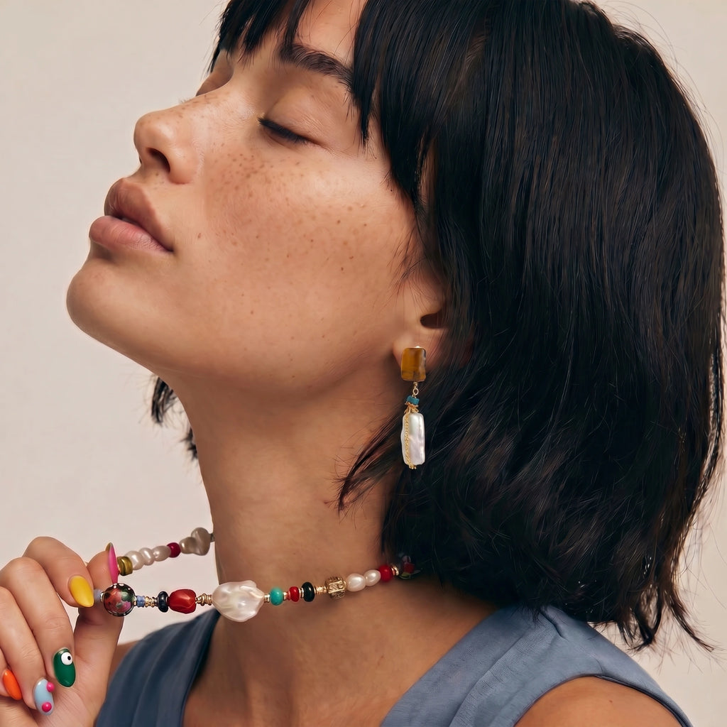 Amber Baroque Pearl Drop Earrings | 18K Gold Plated | Vintage Style